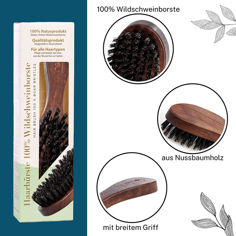 Haarbürste Nussbaum aus 100% Wildschweinborste breit mit Bürstenreiniger