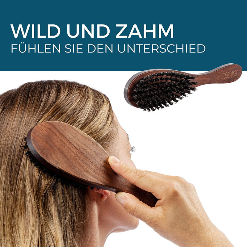Haarbürste Nussbaum aus 100% Wildschweinborste breit mit Bürstenreiniger