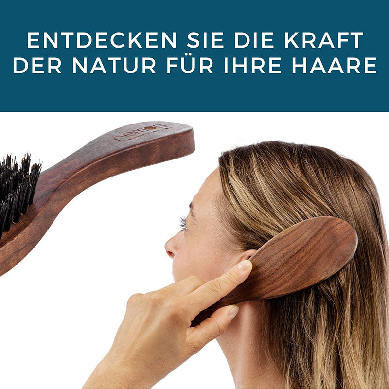 Haarbürste Nussbaum aus 100% Wildschweinborste breit mit Bürstenreiniger