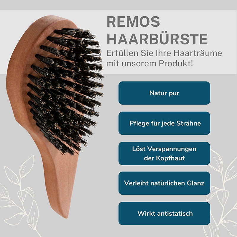 Haarbürste aus 100% Wildschweinborste in Tropfenform mit Bürstenreiniger