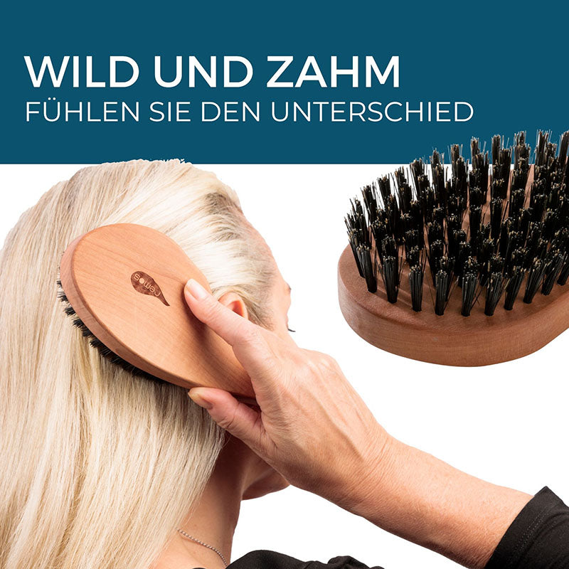 Haarbürste aus 100% Wildschweinborste in Tropfenform mit Bürstenreiniger