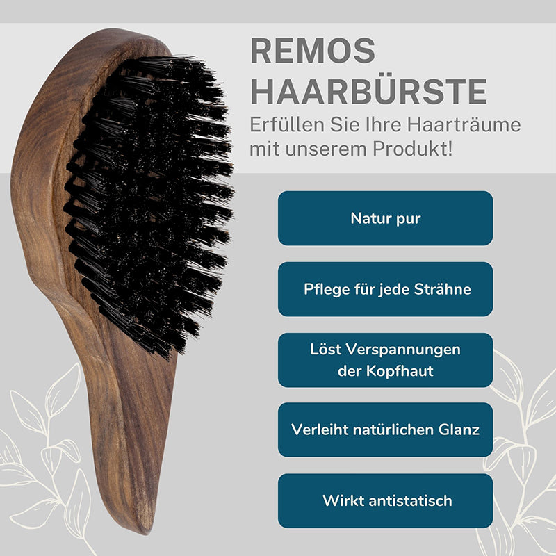 Haarbürste Nussbaum aus 100% Wildschweinborste Tropfenform mit Bürstenreiniger