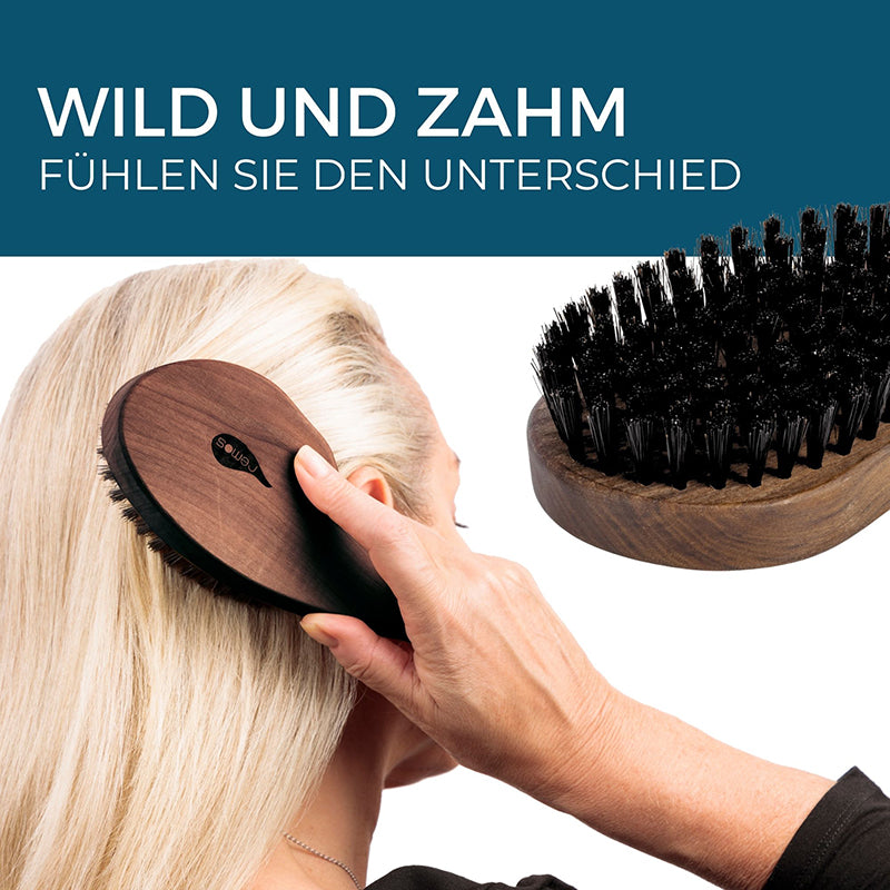 Haarbürste Nussbaum aus 100% Wildschweinborste Tropfenform mit Bürstenreiniger
