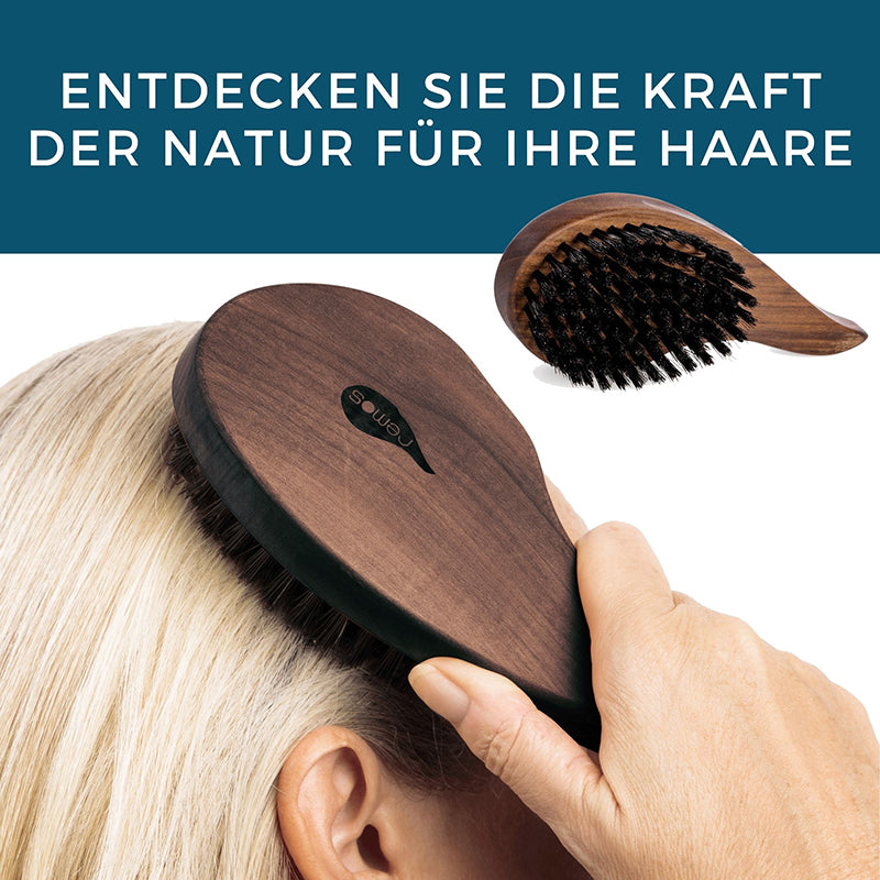 Haarbürste Nussbaum aus 100% Wildschweinborste Tropfenform mit Bürstenreiniger