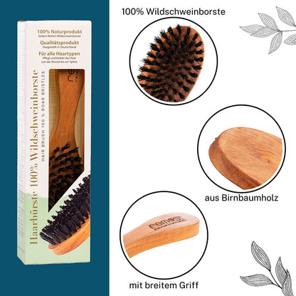 Hairbrush with 100% Wild Boar Bristles Made of RUBIN Pear Wood + Cleaner