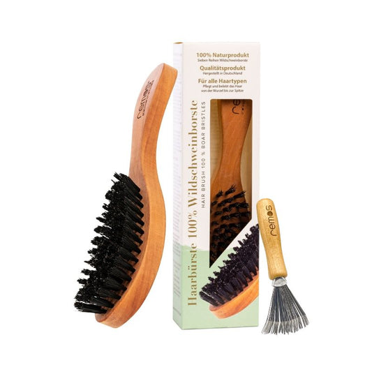 Hairbrush with 100% Wild Boar Bristles Made of RUBIN Pear Wood + Cleaner