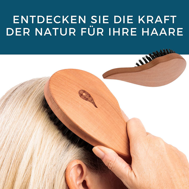 Haarbürste aus 100% Wildschweinborste in Tropfenform mit Bürstenreiniger