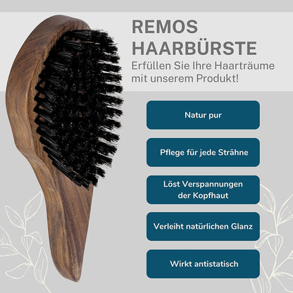 Haarbürste Nussbaum aus 100% Wildschweinborste Tropfenform mit Bürstenreiniger