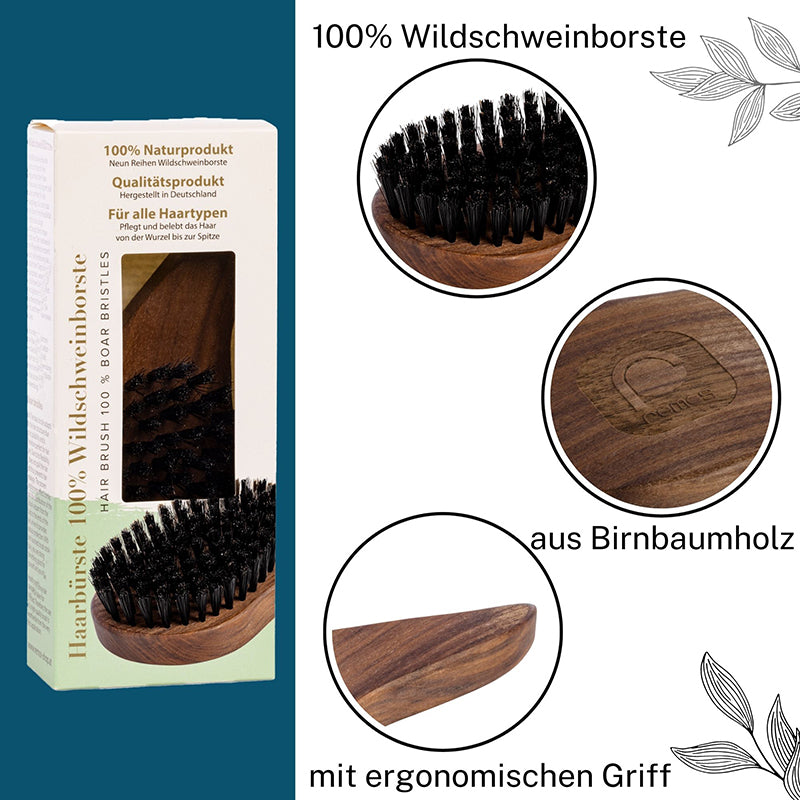 Haarbürste Nussbaum aus 100% Wildschweinborste Tropfenform mit Bürstenreiniger