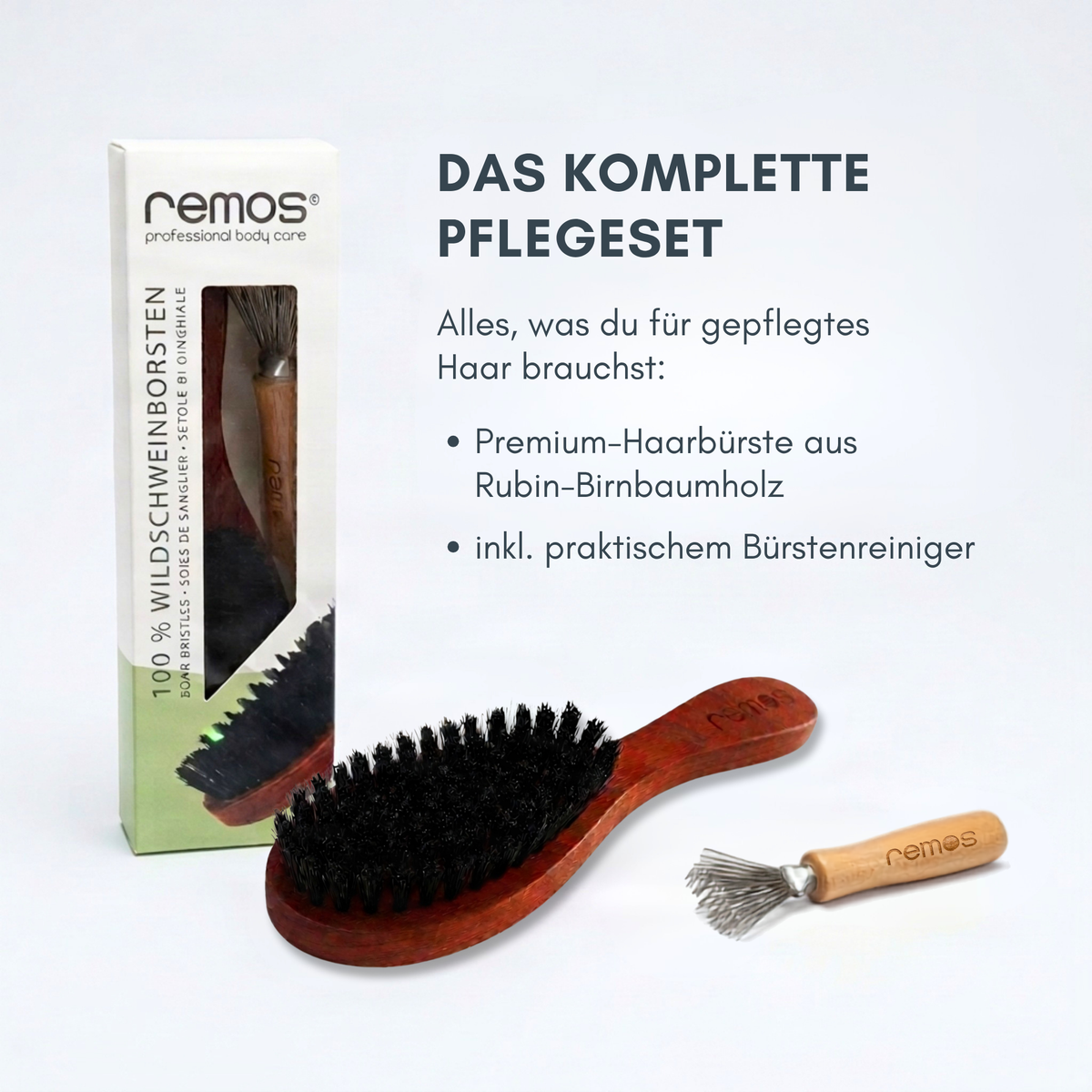 Hairbrush with 100% Wild Boar Bristles Made of RUBIN Pear Wood + Cleaner