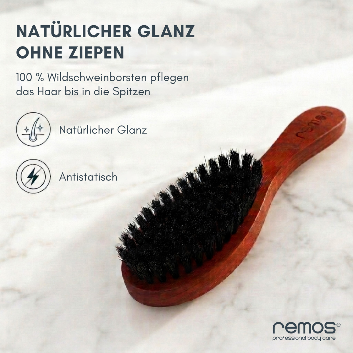 Hairbrush with 100% Wild Boar Bristles Made of RUBIN Pear Wood + Cleaner