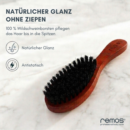 Hairbrush with 100% Wild Boar Bristles Made of RUBIN Pear Wood + Cleaner