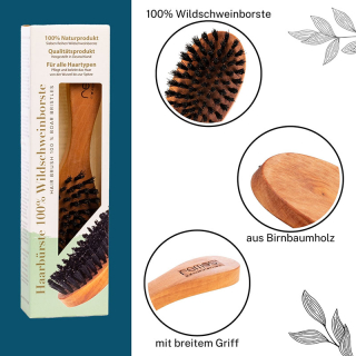 remos Haarbürste mit natürlichen Wildschweinborsten ausgestattet, besteht zu 100% aus heimischem Birnbaumholz