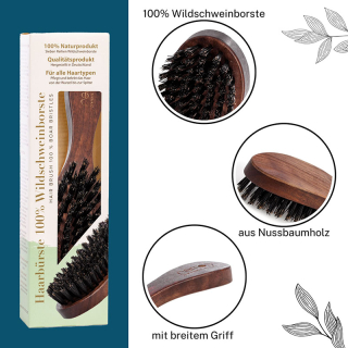 remos hair brush equipped with natural boar bristles, consists of 100% native walnut wood