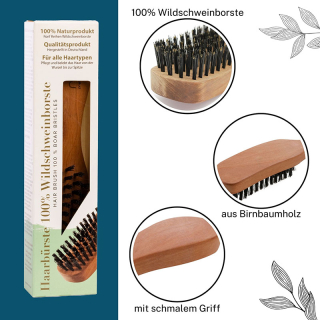 remos Haarbürste mit natürlichen Wildschweinborsten ausgestattet, besteht zu 100% aus heimischem Birnbaumholz